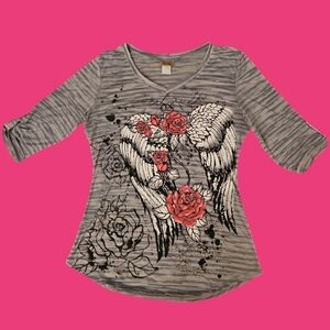 EVER BLUE Y2k Fairycore Lightweight Gray Angel Wing Rose V-Neck Top